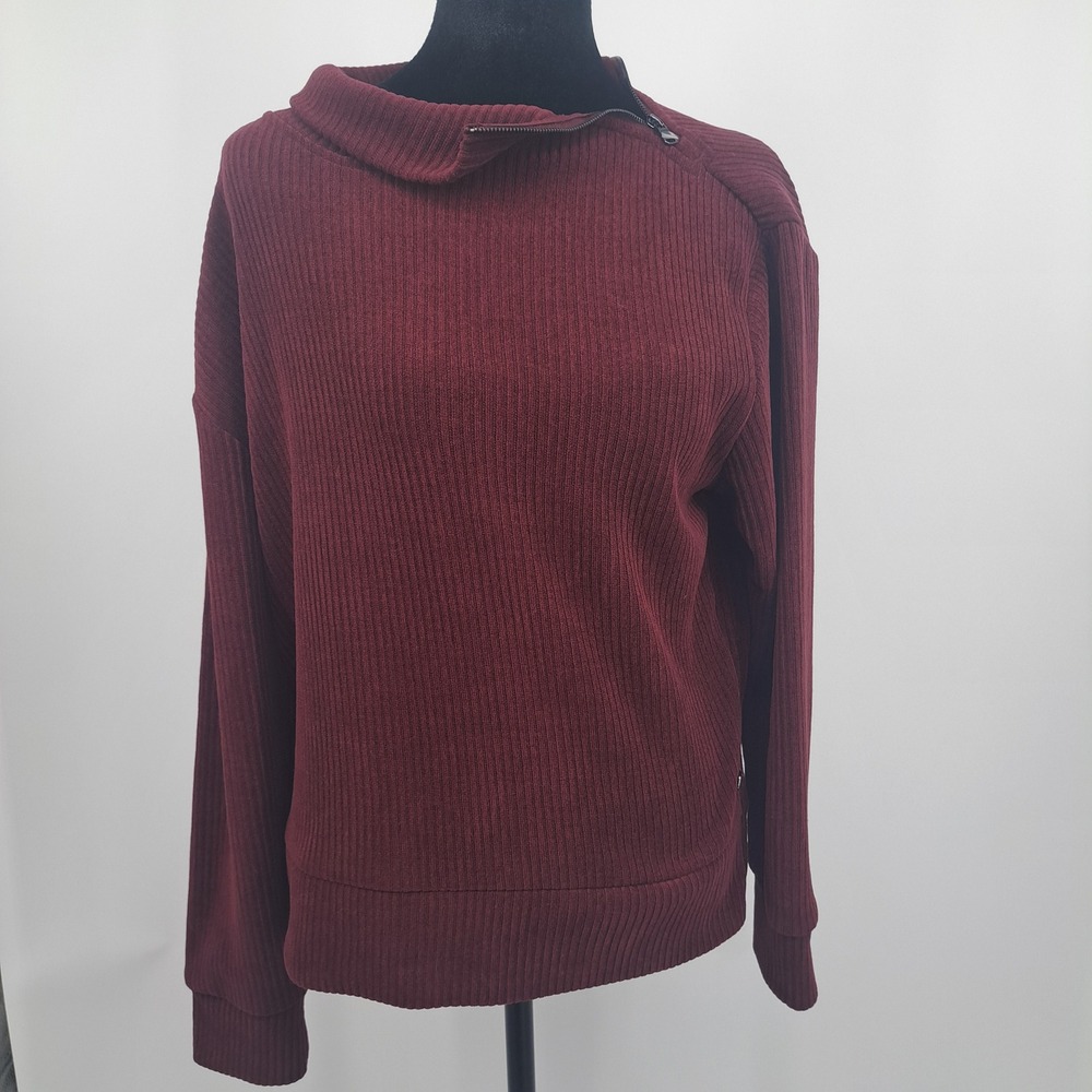 Andrew Marc Women Burgundy Ribbed Asymmetrical Zip Mock Neck Sweater Medium Chic